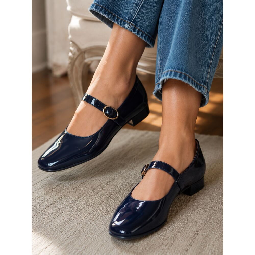 Mary Jane's Naturalizer Navy Blue Vegan Patent Leather 7W Wide